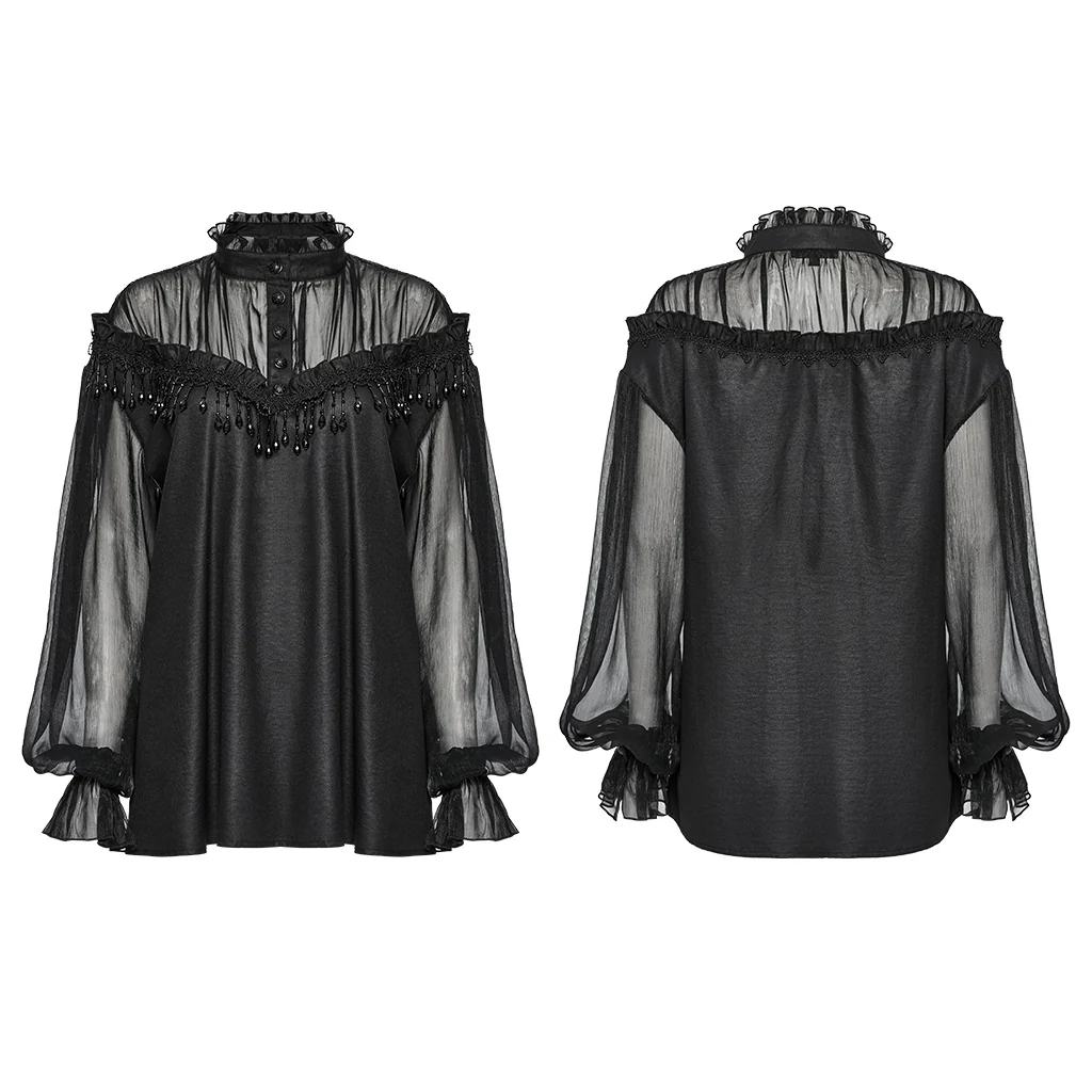 OY-1748CCF Gothic Sheer Black Lace Fringed High Collar Shirt - Image 6