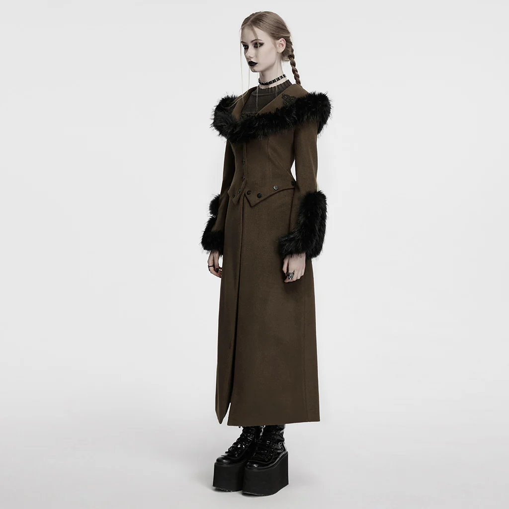 OY-1754ECF Gothic Coat Long Brown Fur Trimmed Victorian Style - Image 3