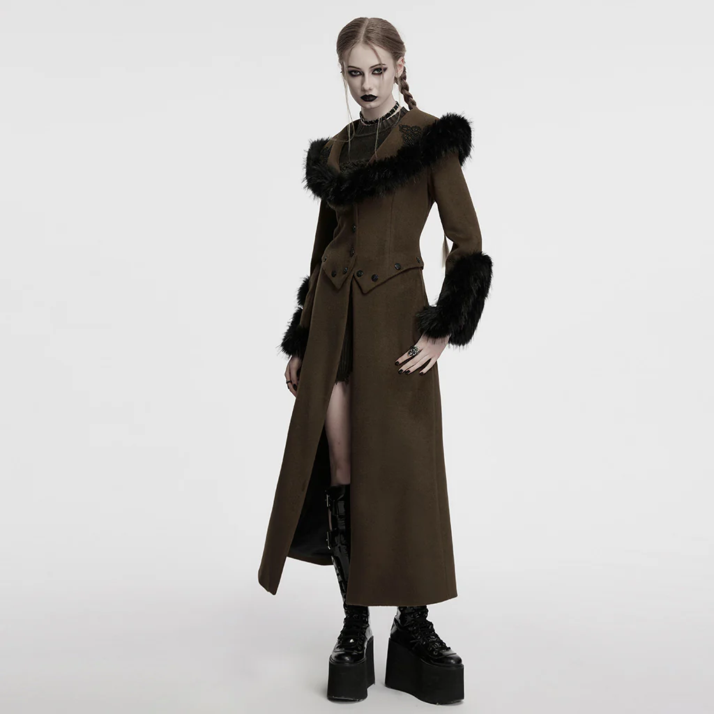 OY-1754ECF Gothic Coat Long Brown Fur Trimmed Victorian Style - Image 5