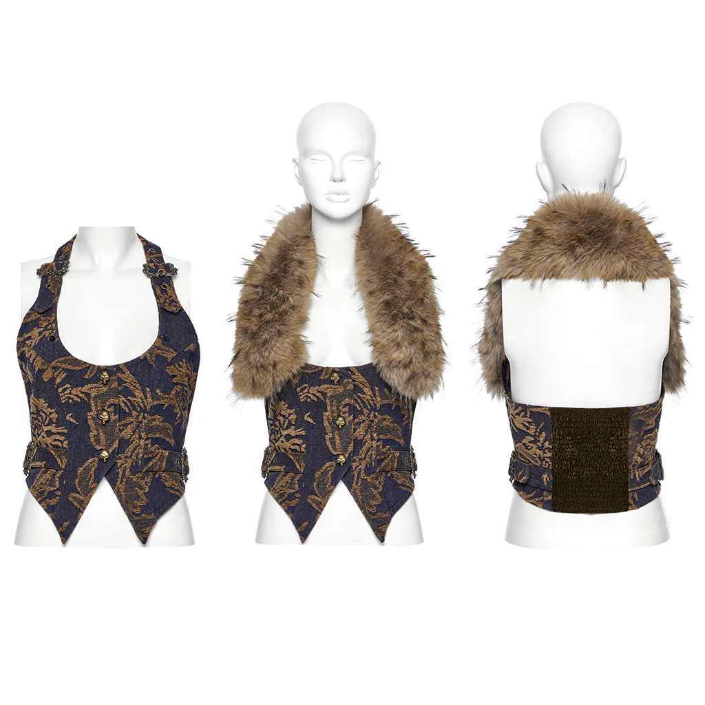 OY-1778MJF Gothic Floral Faux Fur Punk Vests Buckle Accents - Image 6