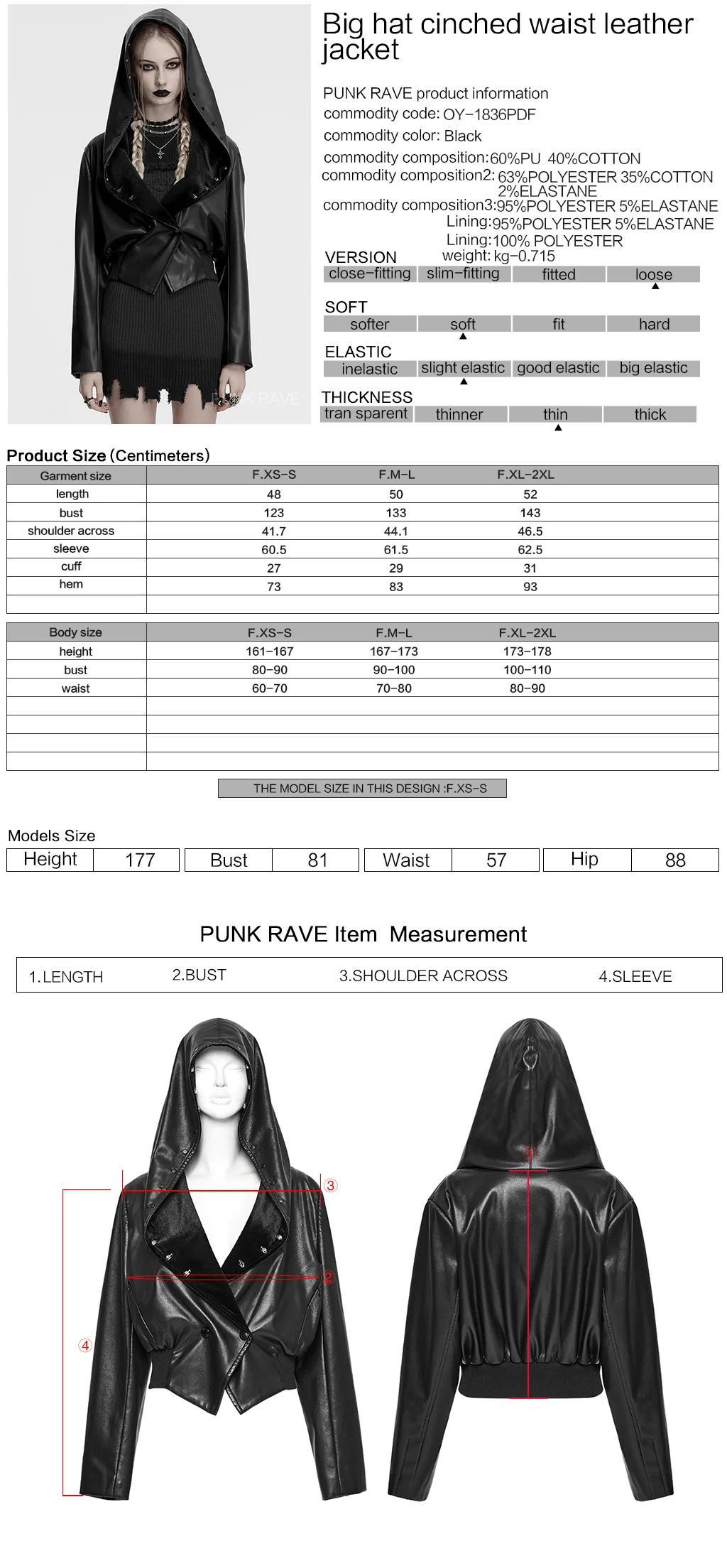 OY-1836PDF Hooded Faux Leather Punk Jacket with Studded Trim Unisex Style - Image 11