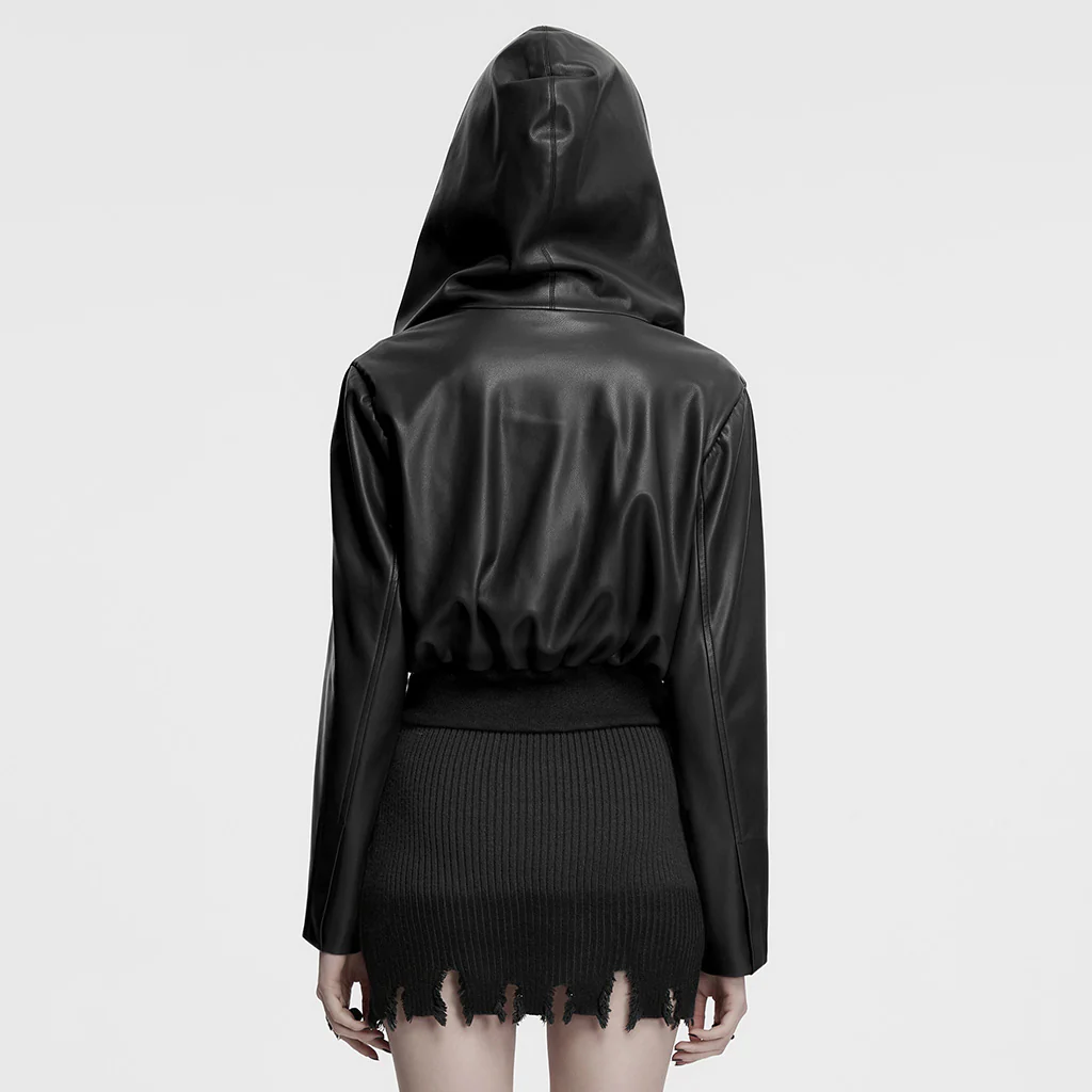 OY-1836PDF Hooded Faux Leather Punk Jacket with Studded Trim Unisex Style - Image 14