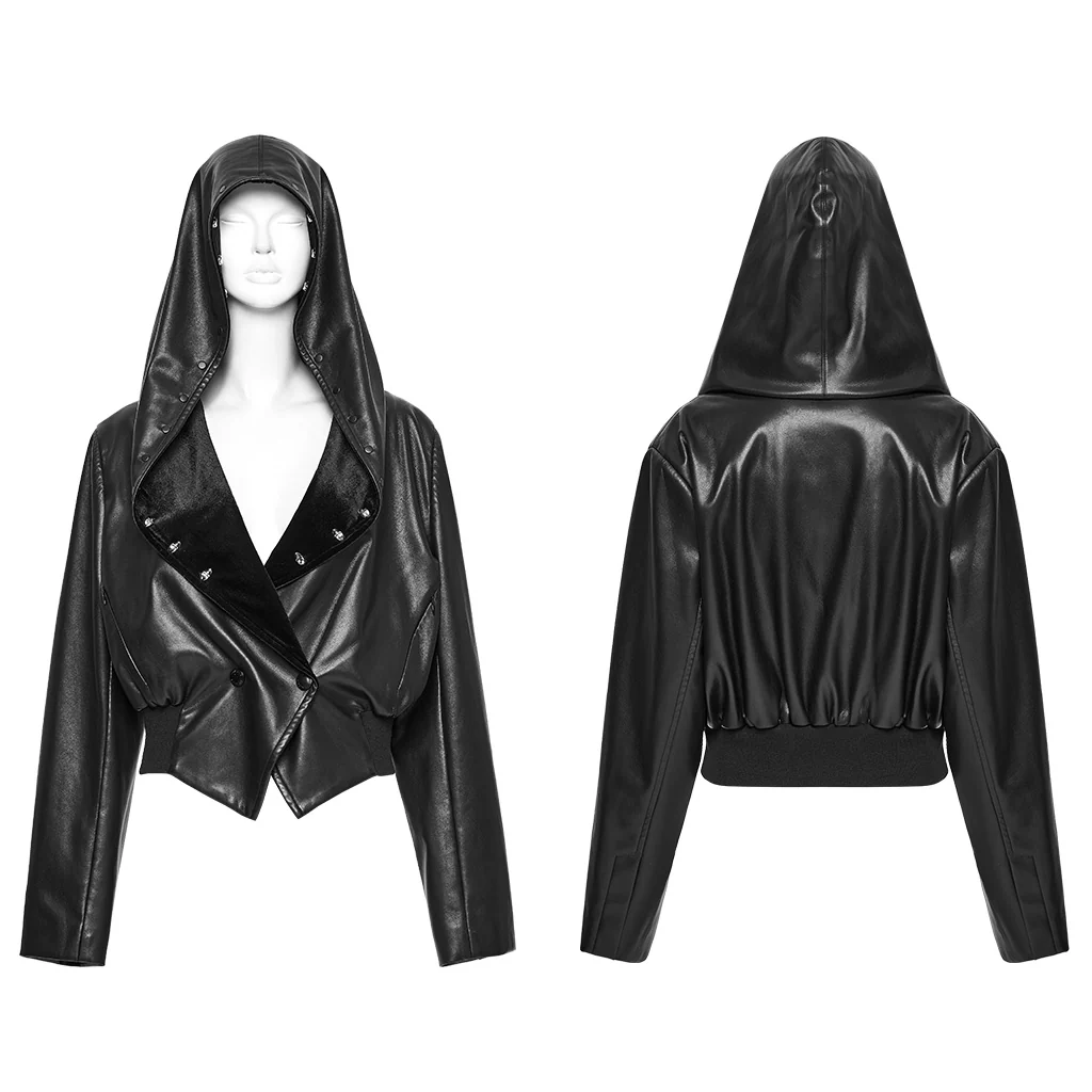 OY-1836PDF Hooded Faux Leather Punk Jacket with Studded Trim Unisex Style - Image 16