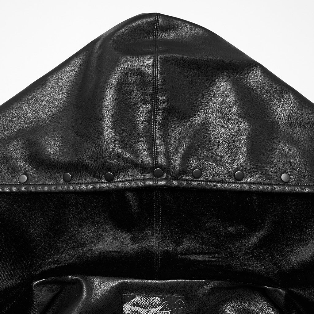 OY-1836PDF Hooded Faux Leather Punk Jacket with Studded Trim Unisex Style - Image 17