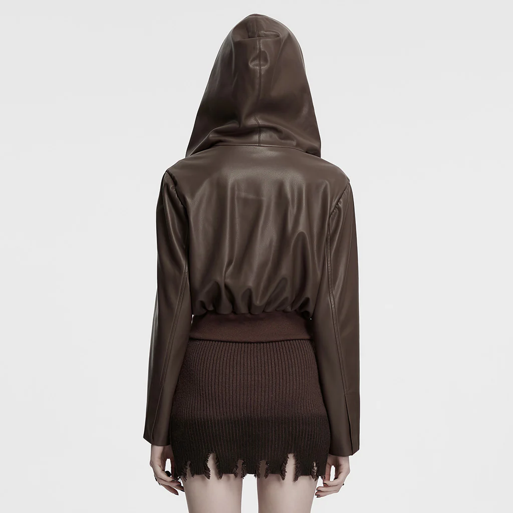 OY-1836PDF Hooded Faux Leather Punk Jacket with Studded Trim Unisex Style - Image 4