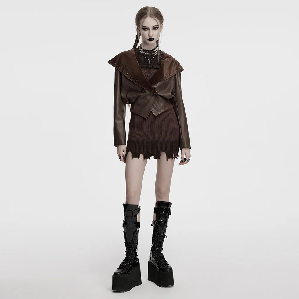 OY-1836PDF Hooded Faux Leather Punk Jacket with Studded Trim Unisex Style - Image 5