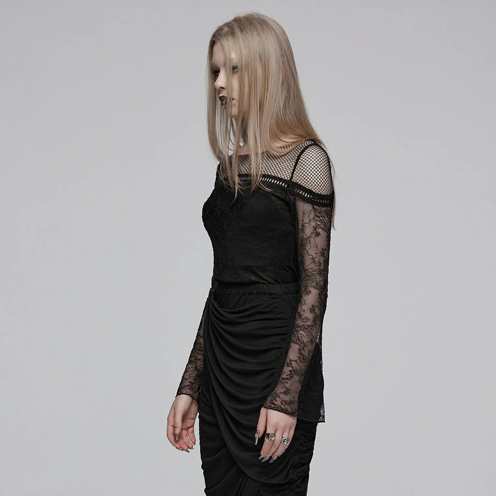 OZT-835TCF Gothic Shirts Lace Mesh Long Sleeve Elegant Black Top - Image 13
