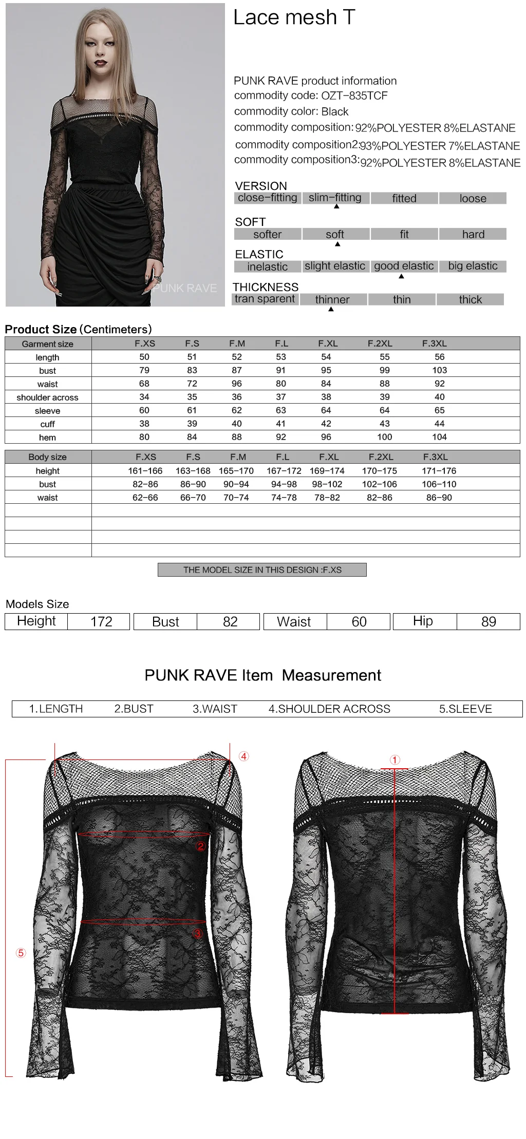OZT-835TCF Gothic Shirts Lace Mesh Long Sleeve Elegant Black Top - Image 2