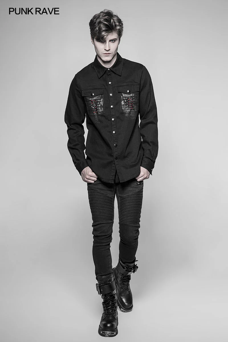 OY-946 Paladin Gothic Bloody Keel Denim Personality Shirt With Scratched Double Pockets - Image 6
