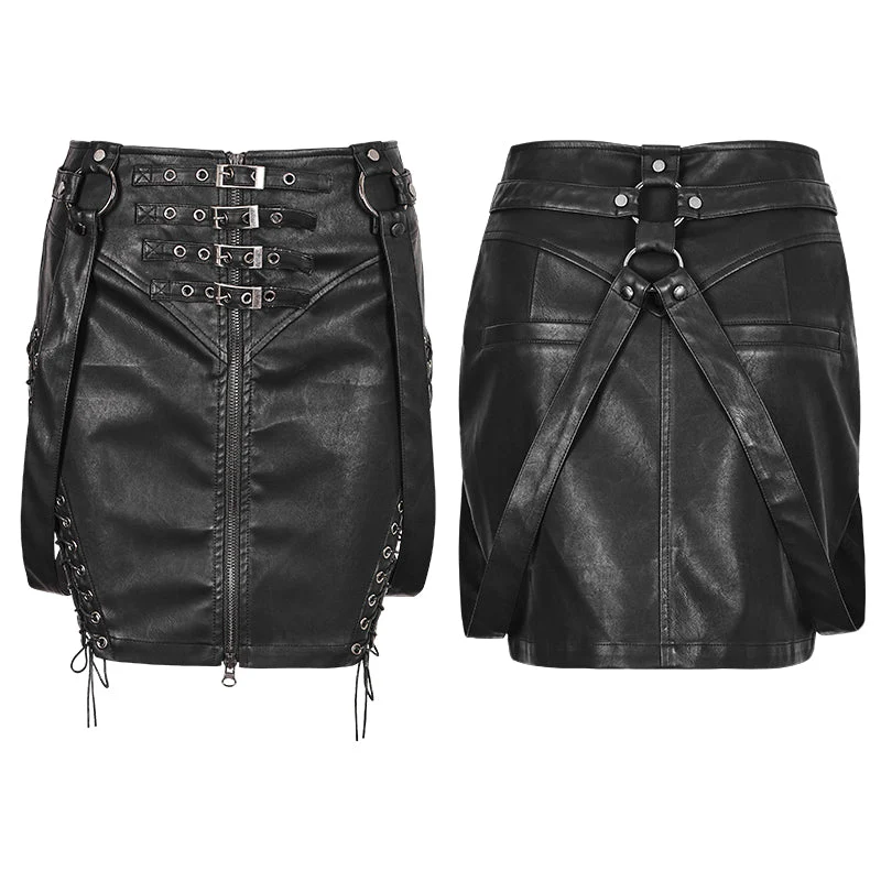 Q-333 Personality Leather black Half Punk Skirt With Snap Button - Image 4