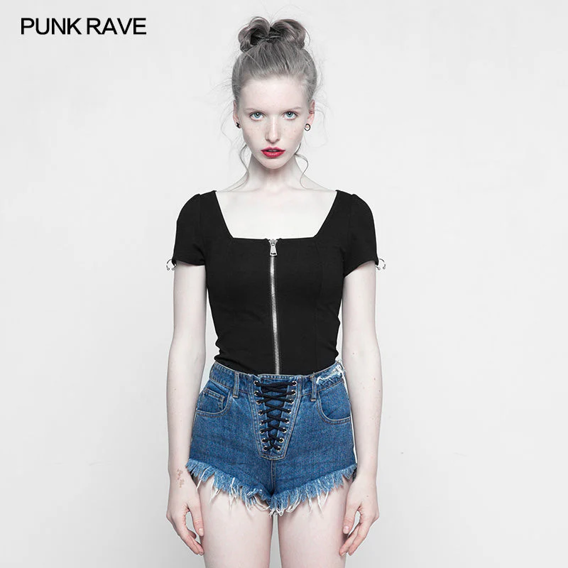 OPY-317 Personality Punk Top Square Collar Knit Cardigan T-shirt