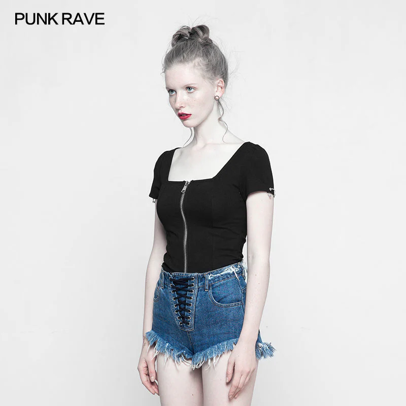 OPY-317 Personality Punk Top Square Collar Knit Cardigan T-shirt - Image 2