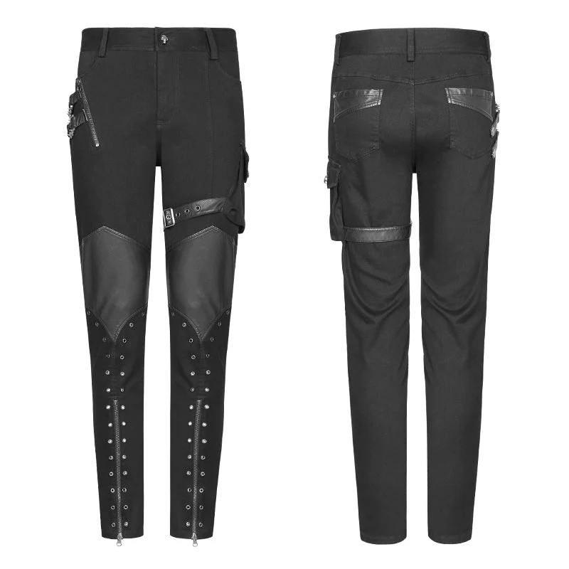 WK-338 Personality Zipper Pocket Punk Pants Leather Splicing Trousers For Men - Image 4