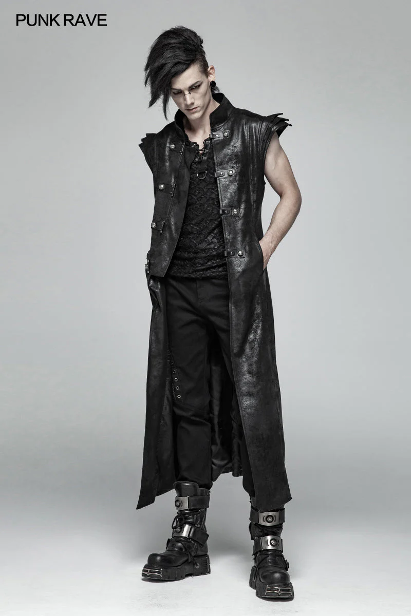 WY-1018 Punk Armor Long Vest Coat With  PU Leather Buckle - Image 6