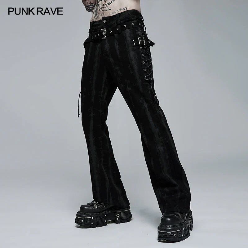 WK-504NCM Punk Daily Wear Dark Texture Flare Trousers - Image 2