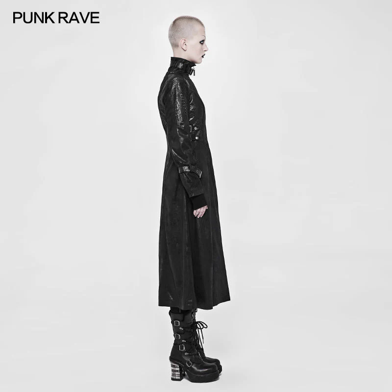 WY-896 Punk Darkness Stand-Collar Leather Long Coat For Women - Image 2