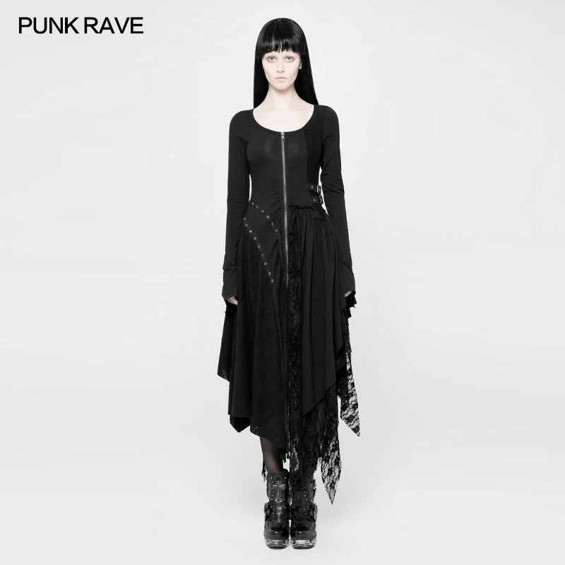 WQ-368 Punk Decadent Asymmetric Knitted Witch Dress With Lace