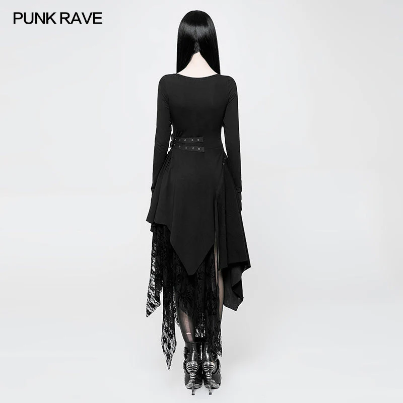 WQ-368 Punk Decadent Asymmetric Knitted Witch Dress With Lace - Image 3