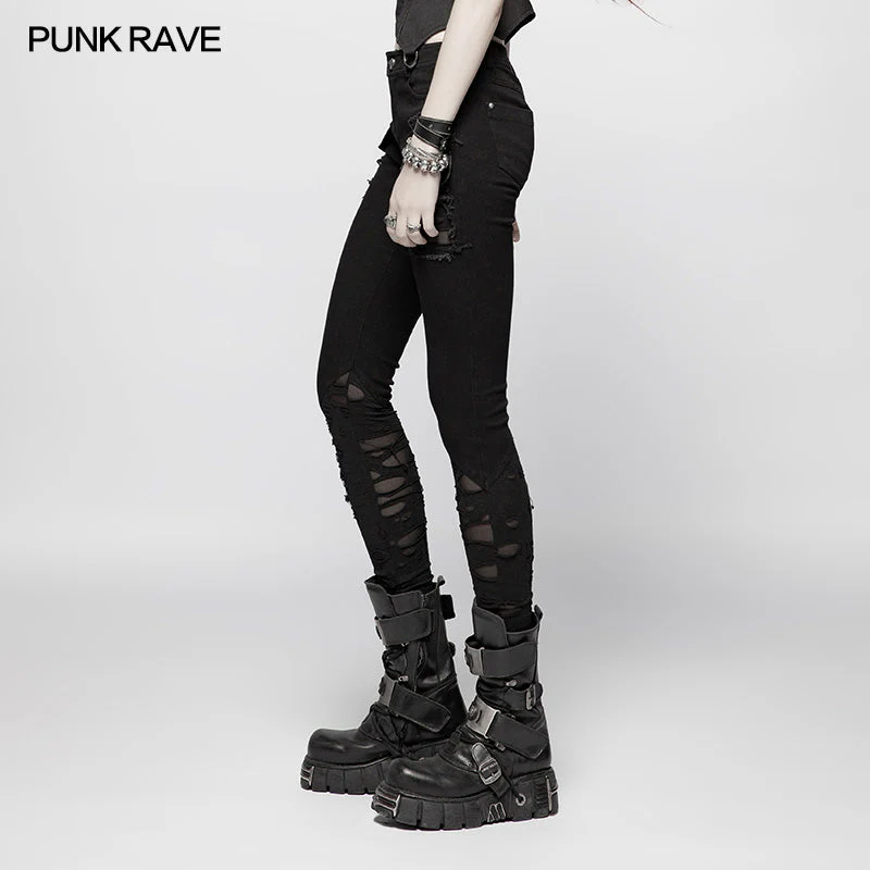 OK-344 Punk Elastic Stitching Trousers With Broken Hole - Image 2