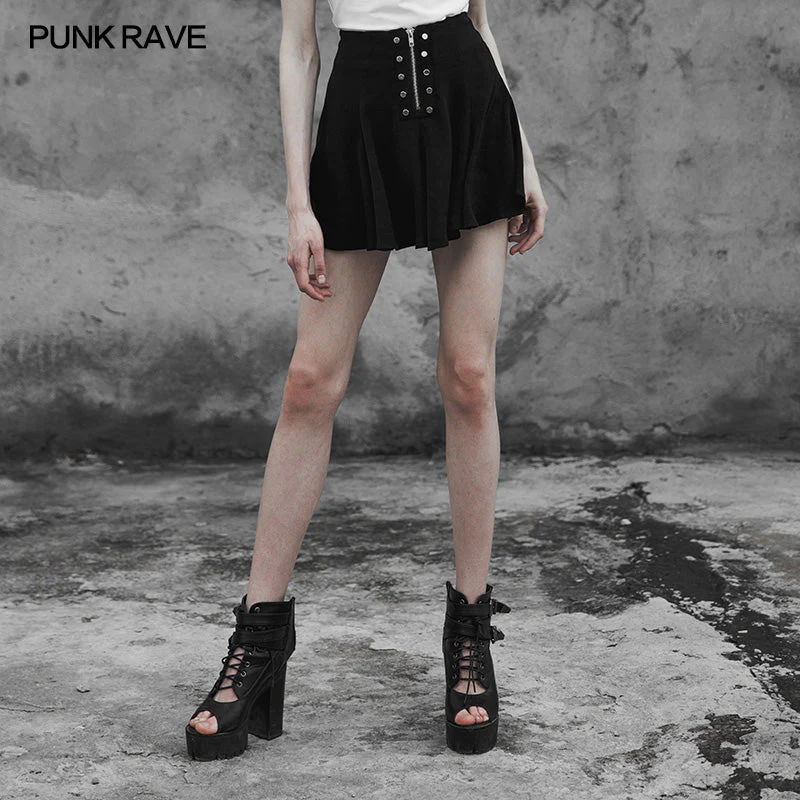 OPQ-396 Punk Front Zipper Metal Nail black Chiffon Short Pleated Skirt With Safety Anti-light Underwear
