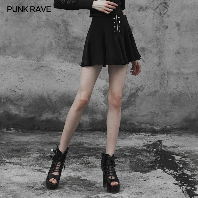 OPQ-396 Punk Front Zipper Metal Nail black Chiffon Short Pleated Skirt With Safety Anti-light Underwear - Image 3