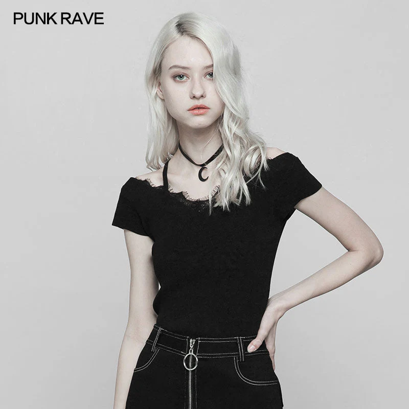 OPM-097 Punk Lace V-collar Back Cross Strap Knitted Sweater T-shirt - Image 2
