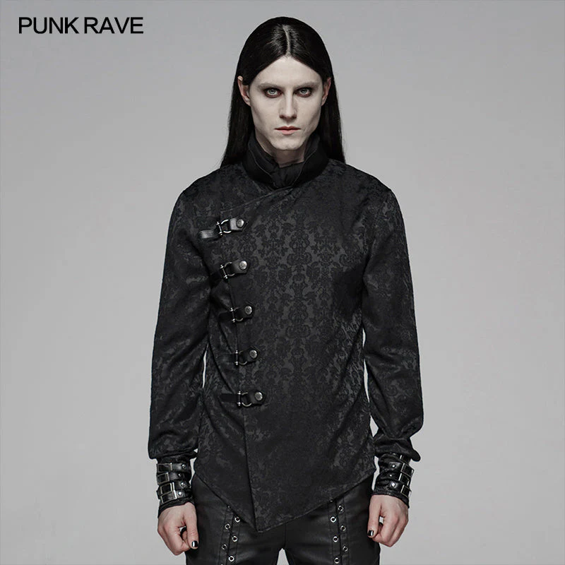 WY-1105 Punk Men Stand Collar Jacquard Fabric Long Sleeve Shirt With Oblique Placket Design