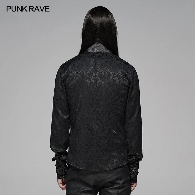 WY-1105 Punk Men Stand Collar Jacquard Fabric Long Sleeve Shirt With Oblique Placket Design - Image 3
