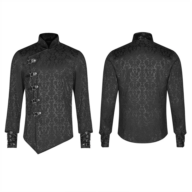 WY-1105 Punk Men Stand Collar Jacquard Fabric Long Sleeve Shirt With Oblique Placket Design - Image 4