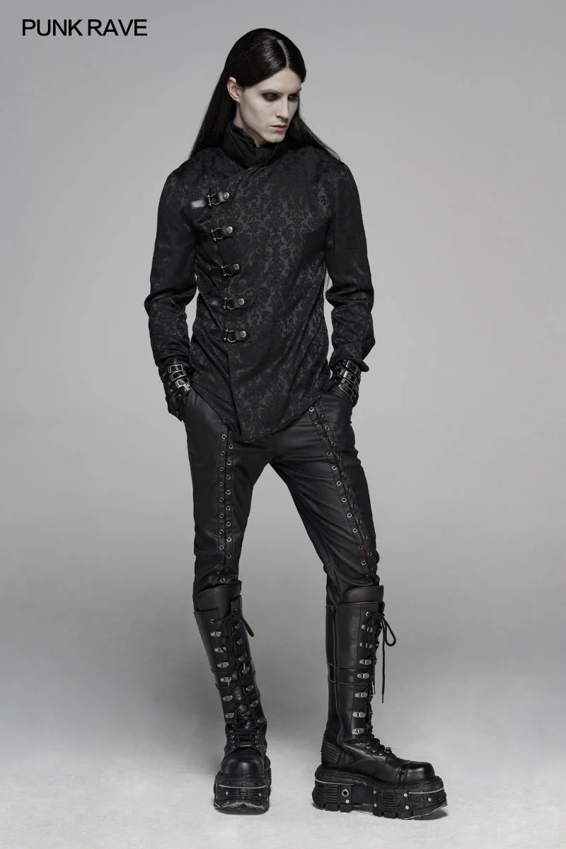 WY-1105 Punk Men Stand Collar Jacquard Fabric Long Sleeve Shirt With Oblique Placket Design - Image 6