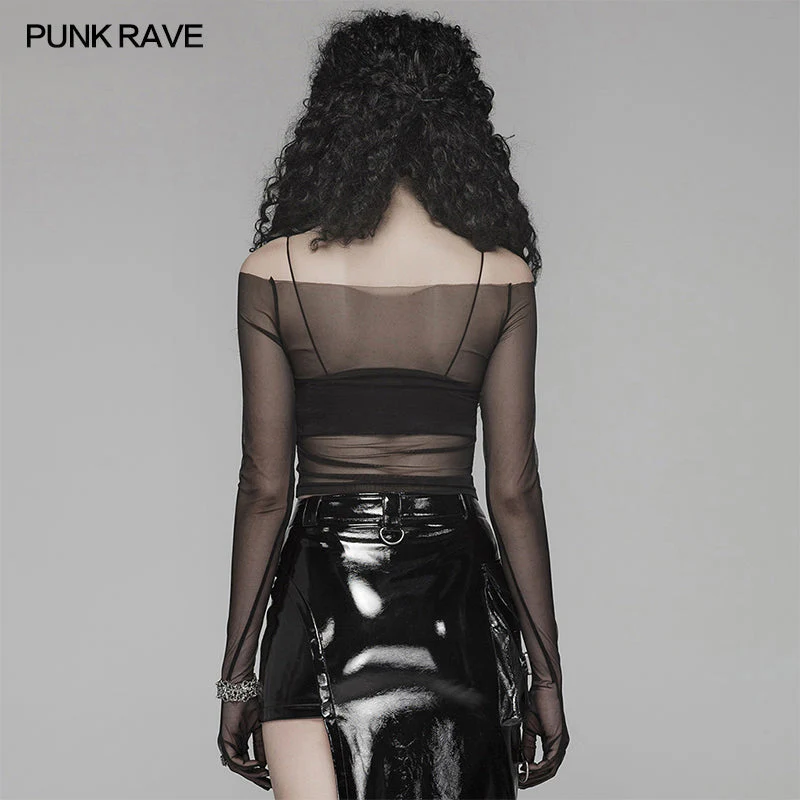 WT-578 PUNK Off The Shoulder Elastic Transparent Mesh Long Sleeve T-shirt For Women - Image 3