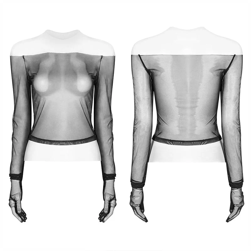 WT-578 PUNK Off The Shoulder Elastic Transparent Mesh Long Sleeve T-shirt For Women - Image 4
