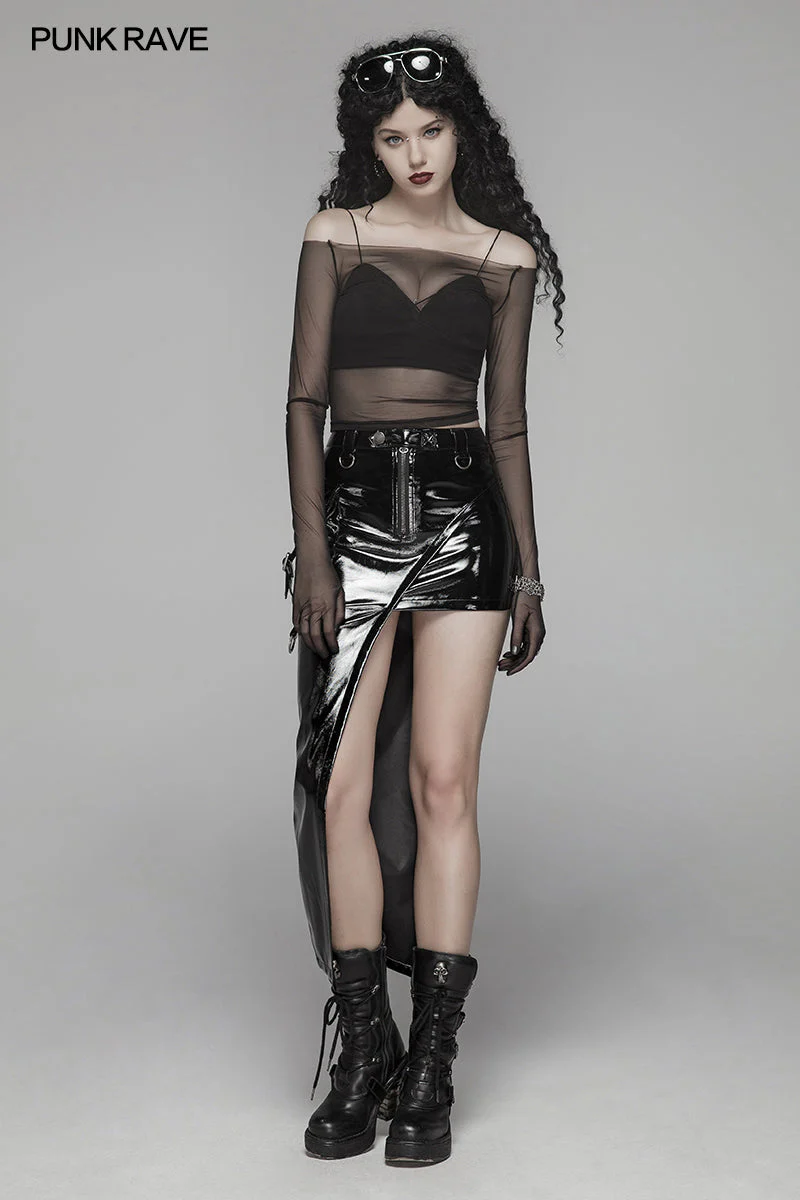 WT-578 PUNK Off The Shoulder Elastic Transparent Mesh Long Sleeve T-shirt For Women - Image 6