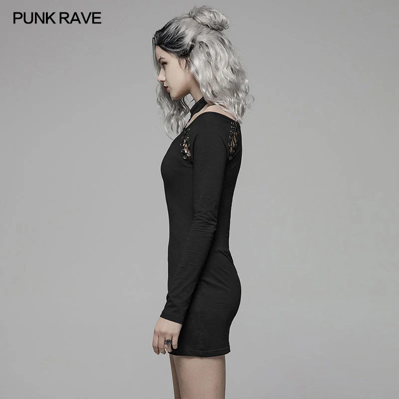 WQ-405 Punk Over Hip Halter Neck Long Sleeve Dress For Women - Image 2