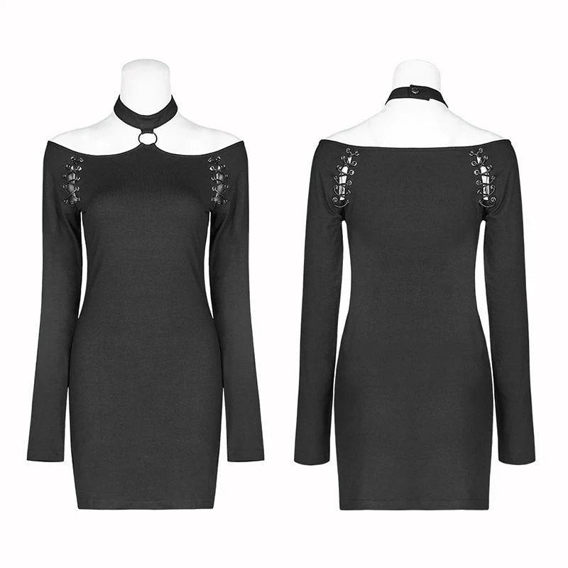 WQ-405 Punk Over Hip Halter Neck Long Sleeve Dress For Women - Image 4