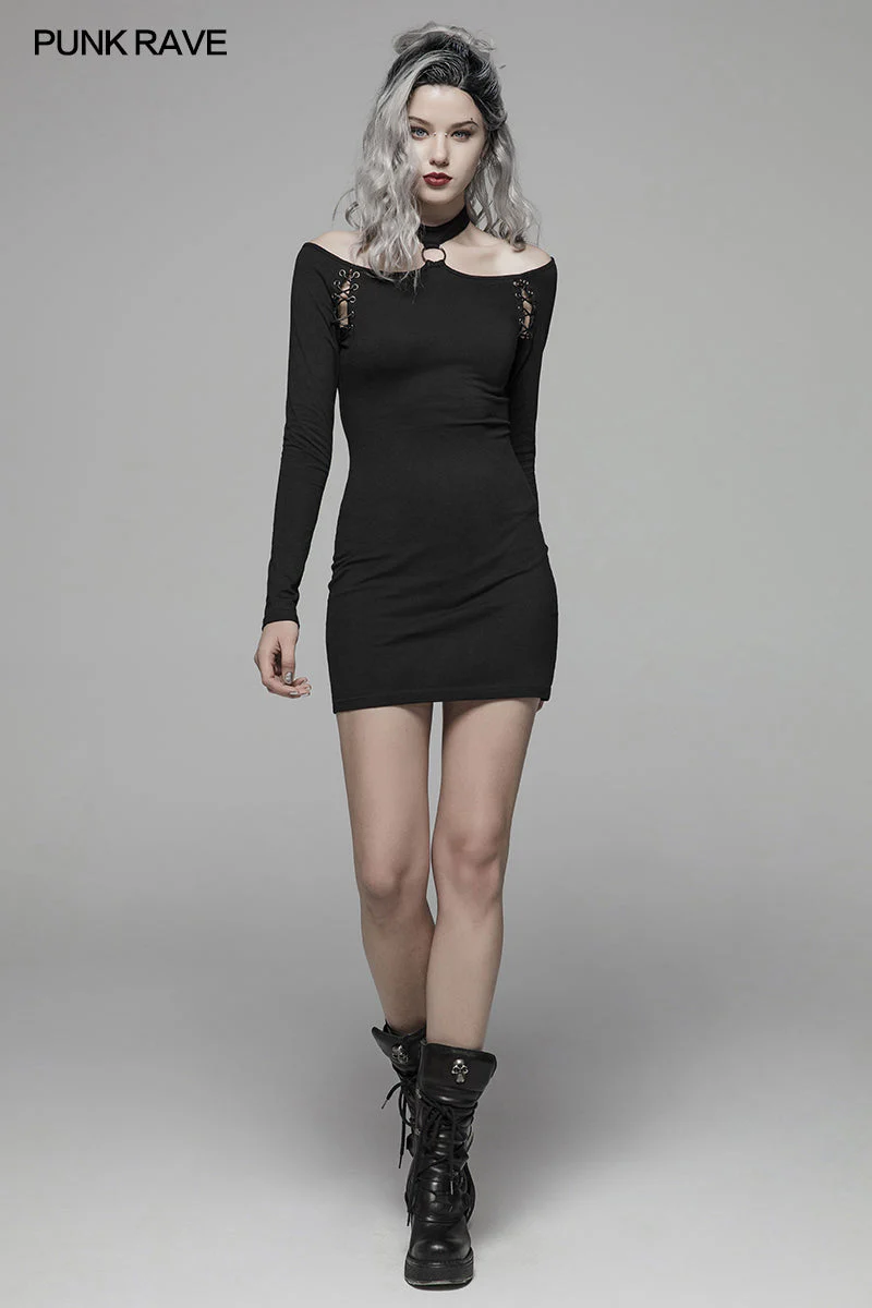 WQ-405 Punk Over Hip Halter Neck Long Sleeve Dress For Women - Image 6