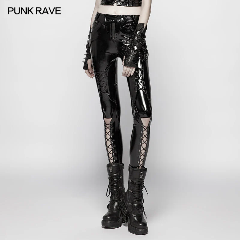 WK-343 Punk Pressure Adhesive Faux Leather Woven Trousers - Image 6