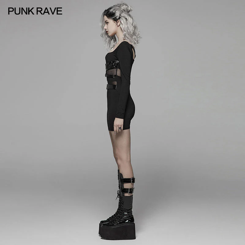 WQ-425 Punk PU Leather Loop Slimming Dress - Image 2