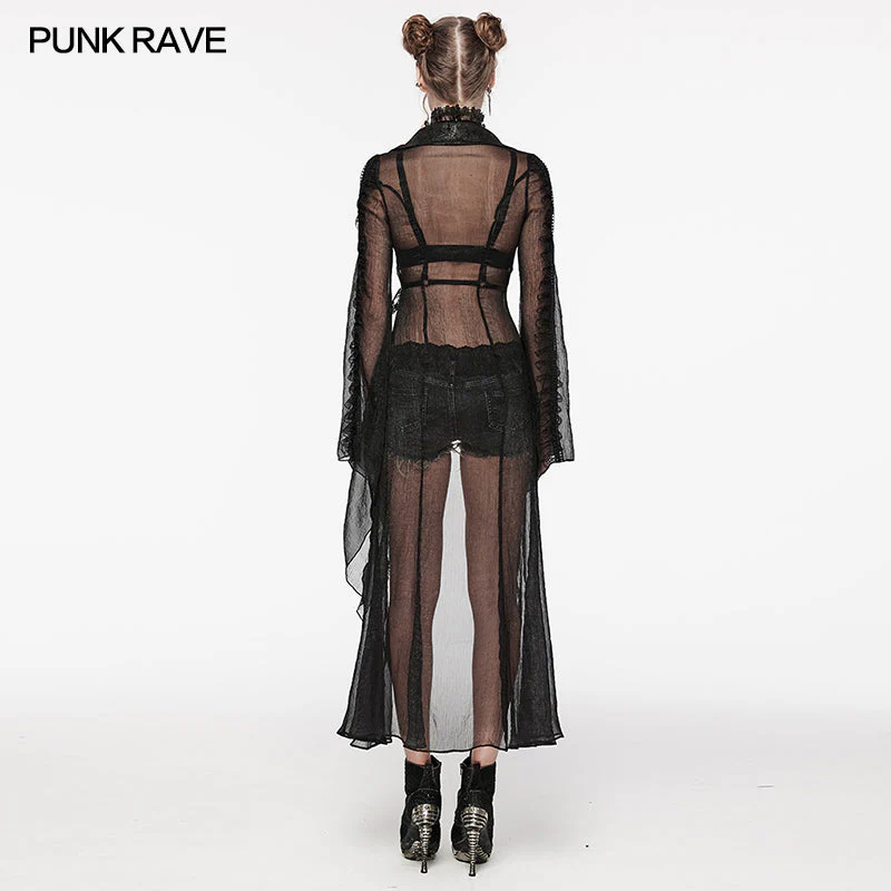 Punk Rave WY-1567XCF Cracked Leather And Chiffon Goth Perspective Long Cardigan - Image 3