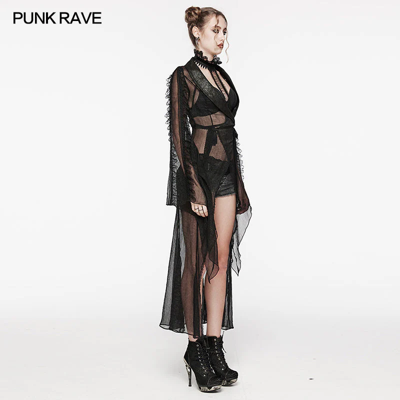 Punk Rave WY-1567XCF Cracked Leather And Chiffon Goth Perspective Long Cardigan - Image 7
