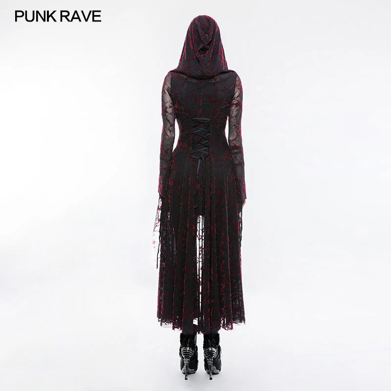 Punk Rave WY-836 Red Hooded Lace Long Dress Coat - Image 3