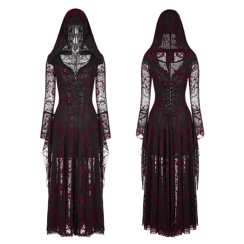 Punk Rave WY-836 Red Hooded Lace Long Dress Coat - Image 9