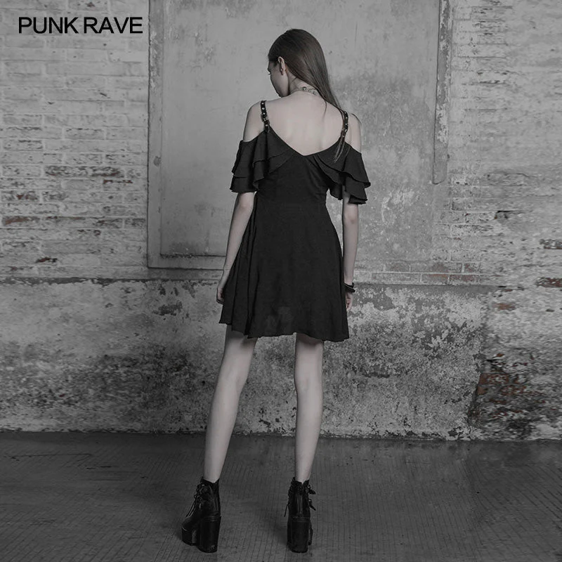 OPQ-301 Punk Sexy Lotus Leaf Chiffon Leather Strap Dress - Image 3