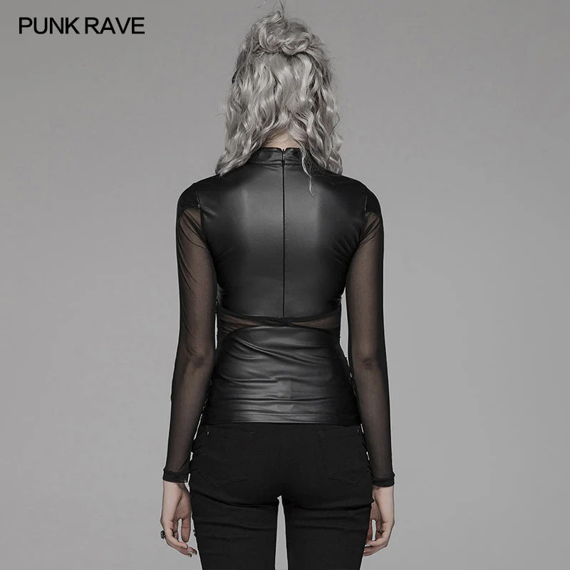 WT-576 Punk Sexy PU Leather And Elastic Mesh Stitching Long Sleeve T-shirt For Women - Image 3