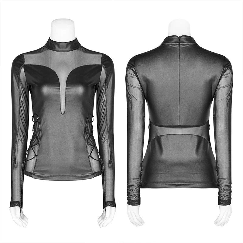 WT-576 Punk Sexy PU Leather And Elastic Mesh Stitching Long Sleeve T-shirt For Women - Image 4