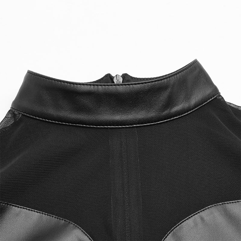 WT-576 Punk Sexy PU Leather And Elastic Mesh Stitching Long Sleeve T-shirt For Women - Image 5