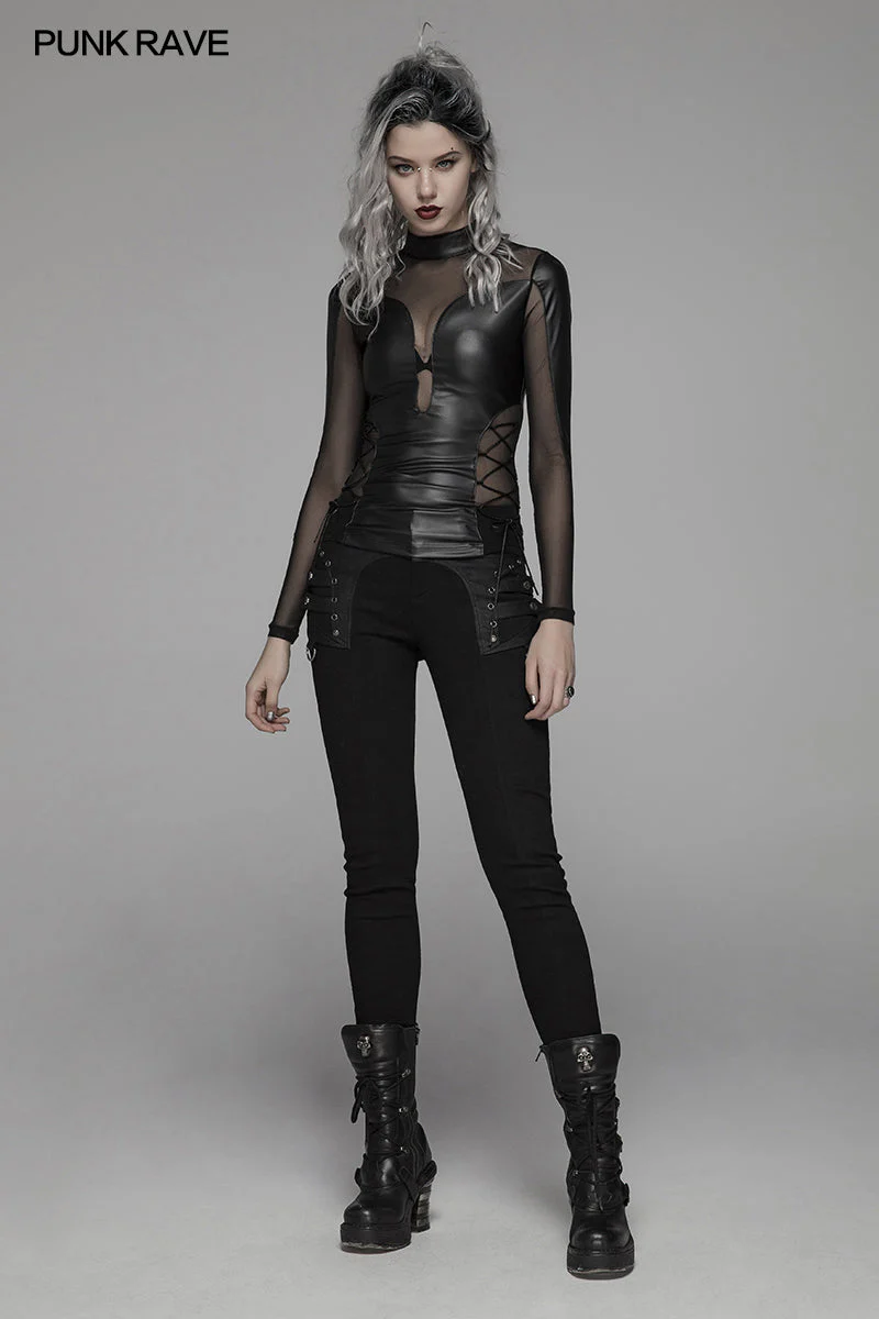 WT-576 Punk Sexy PU Leather And Elastic Mesh Stitching Long Sleeve T-shirt For Women - Image 6