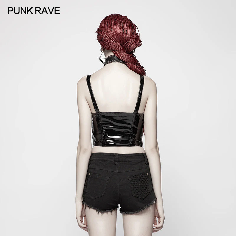 WT-542 Punk Stretch-gloss Coated Knitted Strap Short Vest - Image 3