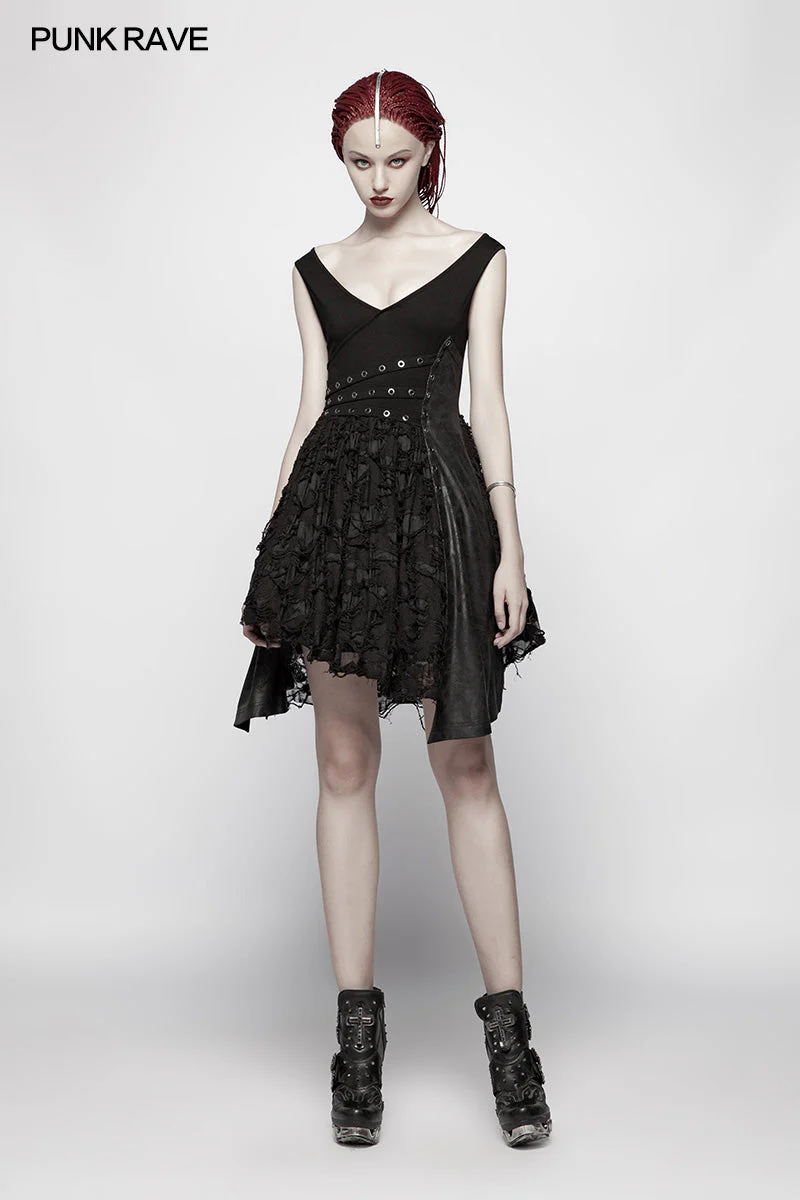 WQ-384 Punk Stretch Knitting Deep V Asymmetrical Dress - Image 6