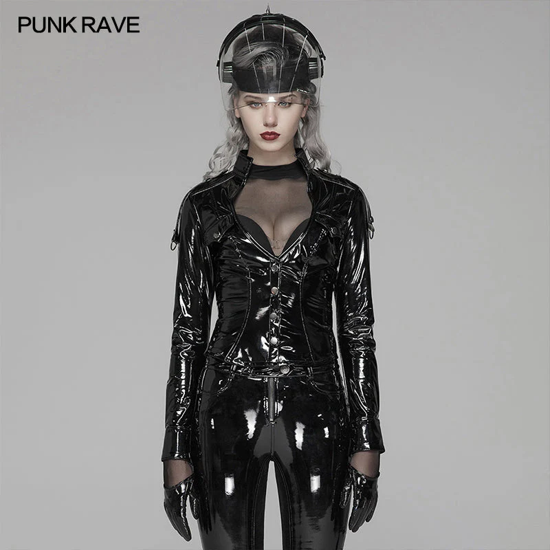 WY-1043 Punk V-neck Slimming Brian PU Shirt For Women